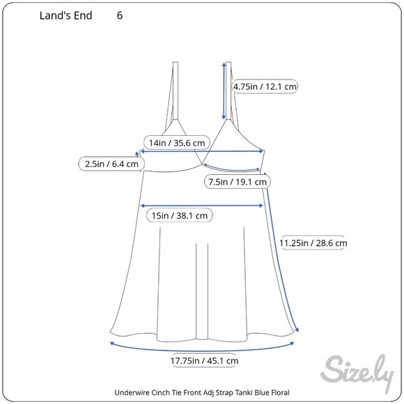 Land's End Underwire Cinch Tie Front Adjustable Strap Blue Floral Tankini 6 - Picture 7 of 7